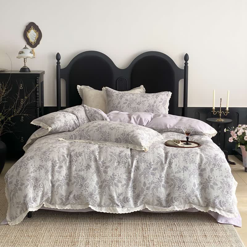 Ownkoti Vintage Subtle Rose Cotton Gauze Bedding Set(4PCS) - Purple - King - image 12