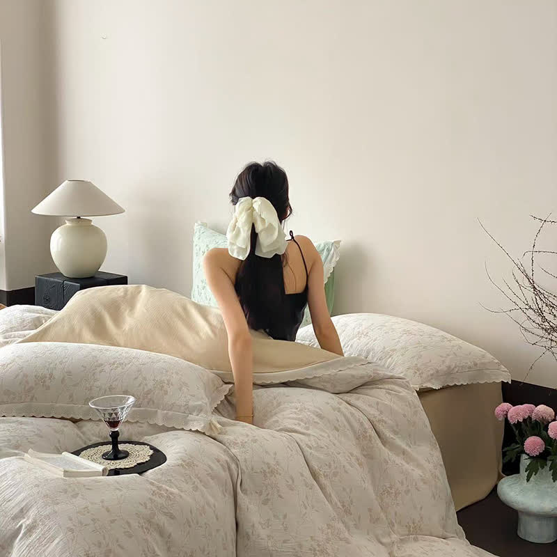 Ownkoti Vintage Subtle Leaf Cotton Gauze Bedding Set(4PCS) - Beige - King - image 14