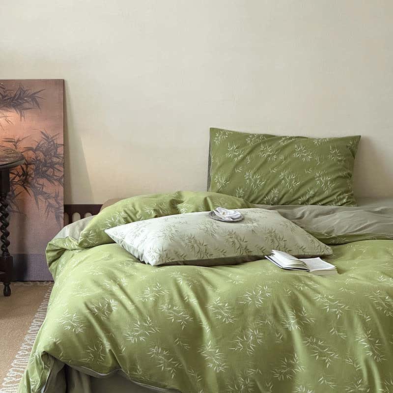 Ownkoti Oriental Bamboo Leaf Jacquard Cotton Bedding Set(4PCS) - Dark Green - King - image 9
