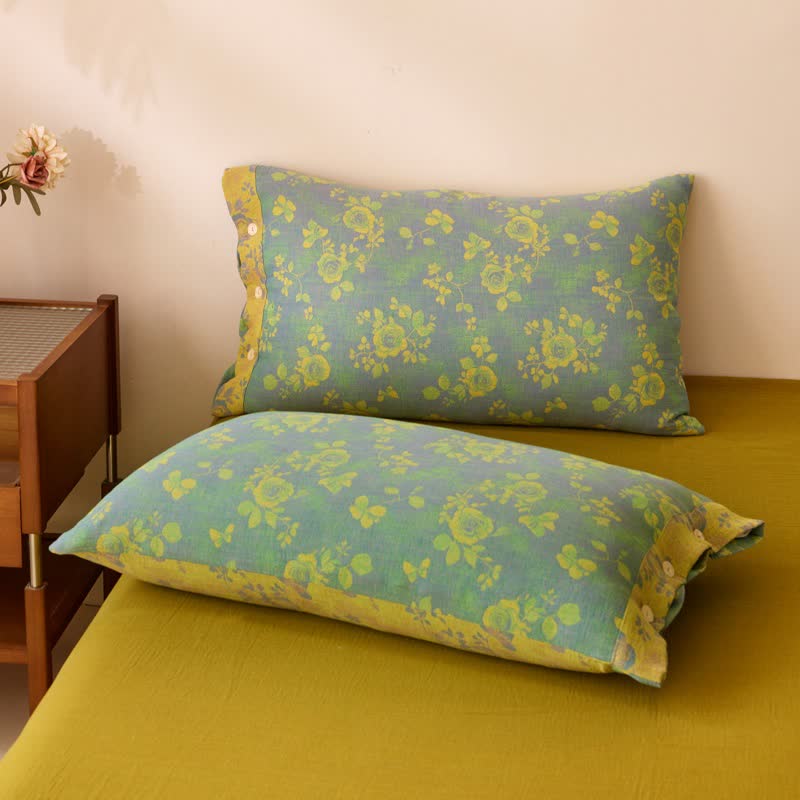 Ownkoti Green & Yellow Rose Cotton Gauze Bedding - image 8