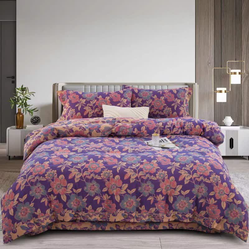 Ownkoti Purple Floral Double Gauze Cotton Bedding Set(4PCS) - Purple - King - image 0
