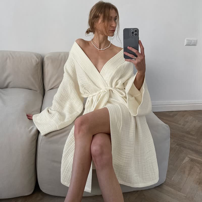 Ownkoti Beige Pure Cotton Kimono Robe - image 1