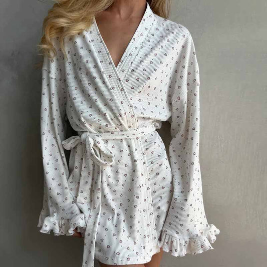 Ownkoti Heart Print Long Sleeve Short Kimono Robe - White - XXL - image 0