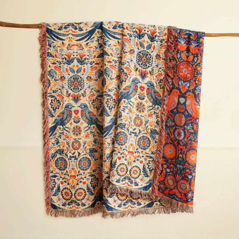 Ownkoti Vintage Bird Cotton Gauze Tassel Blanket - 90"W x 98"L - image 0