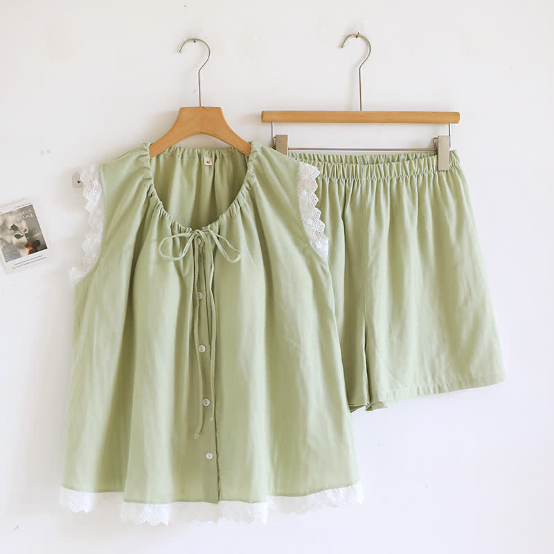 Ownkoti Solid Cotton Lace Trim Tank Pajamas - Green - XL - image 4