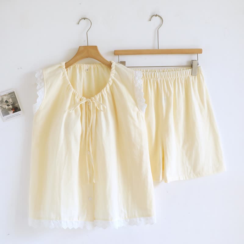 Ownkoti Solid Cotton Lace Trim Tank Pajamas - Beige - XL - image 22