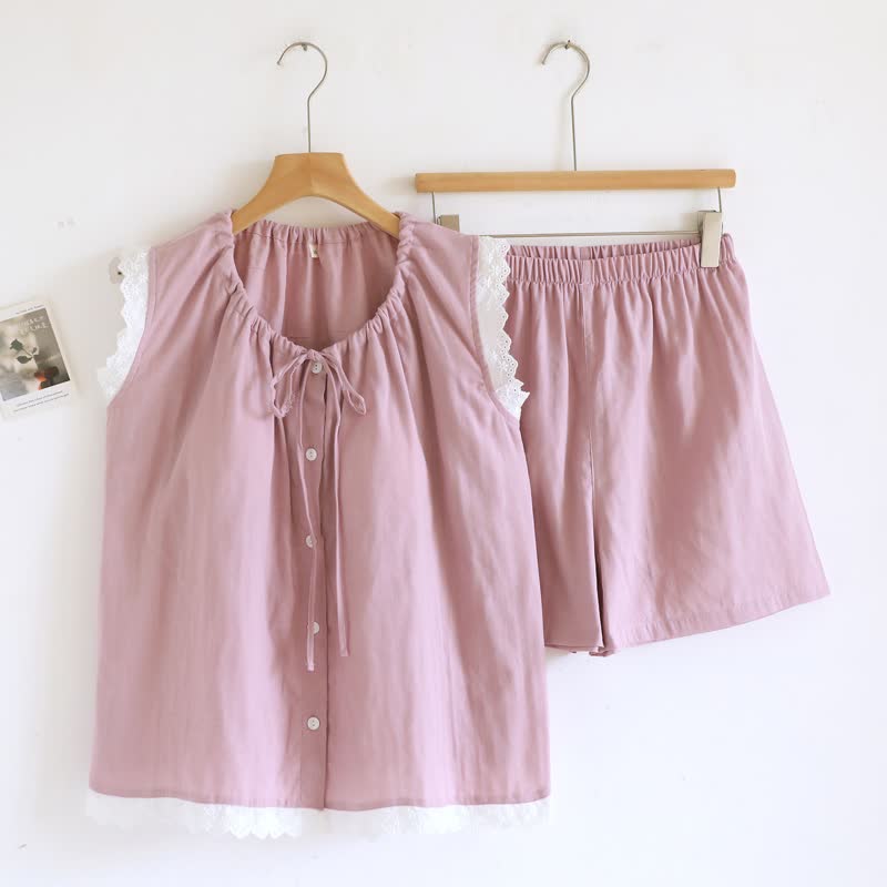 Ownkoti Solid Cotton Lace Trim Tank Pajamas - Pink - XL - image 2