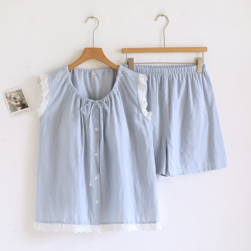 Ownkoti Solid Cotton Lace Trim Tank Pajamas - Blue - XL - image 6