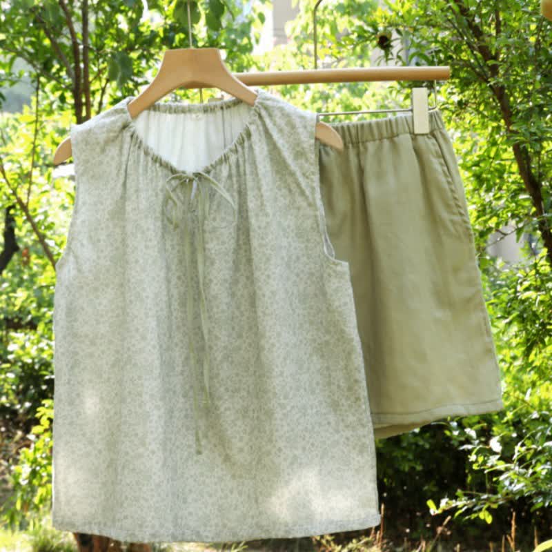 Ownkoti Ditsy Floral Cotton Tank & Shorts Pajama Set - Green - XL - image 16