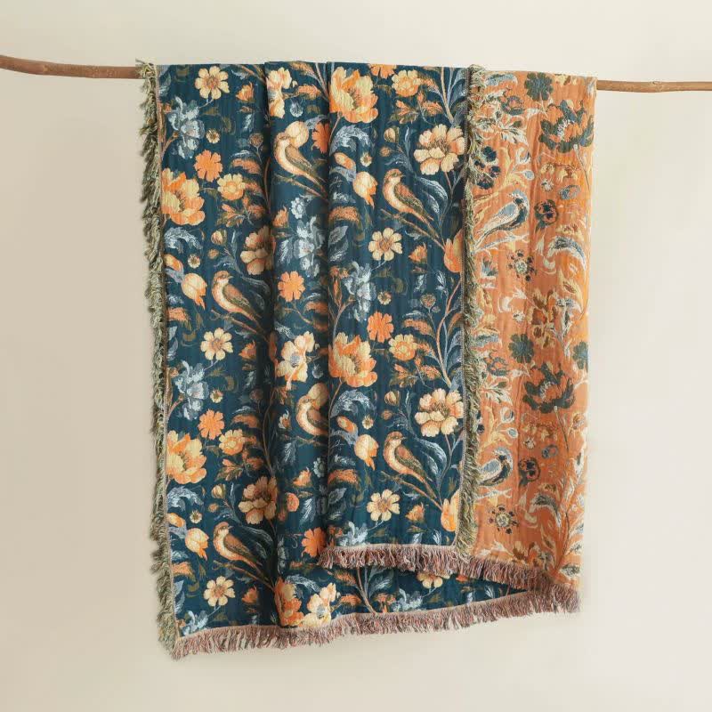 Ownkoti Vibrant Floral Bird Tassel Cotton Blanket - 90"W x 98"L - image 0