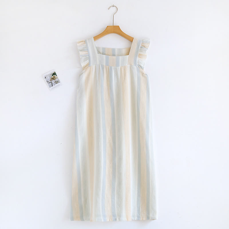 Ownkoti Cotton Gauze Striped Ruffle Trim Tank Loungewear - Beige - Nightdress - XL - image 2