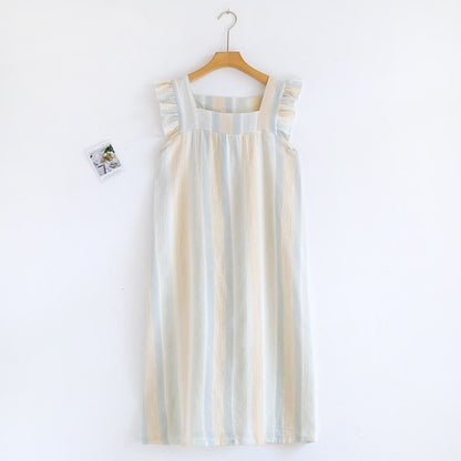 Ownkoti Cotton Gauze Striped Ruffle Trim Tank Loungewear - Beige - Nightdress - XL - image 2