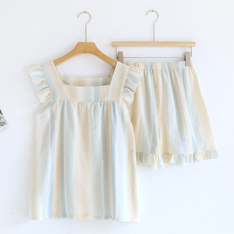 Ownkoti Cotton Gauze Striped Ruffle Trim Tank Loungewear - Beige - Loungewear Set - XL - image 3