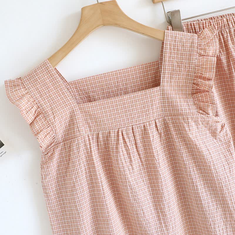 Ownkoti Cotton Gauze Plaid Flutter Sleeve Tank Pajamas - image 12