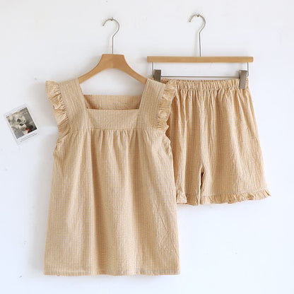 Ownkoti Cotton Gauze Plaid Flutter Sleeve Tank Pajamas - Yellow - XL - image 5