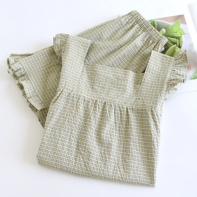 Ownkoti Cotton Gauze Plaid Flutter Sleeve Tank Pajamas - image 8