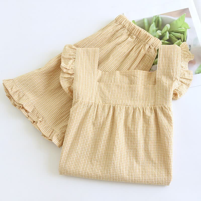 Ownkoti Cotton Gauze Plaid Flutter Sleeve Tank Pajamas - image 6