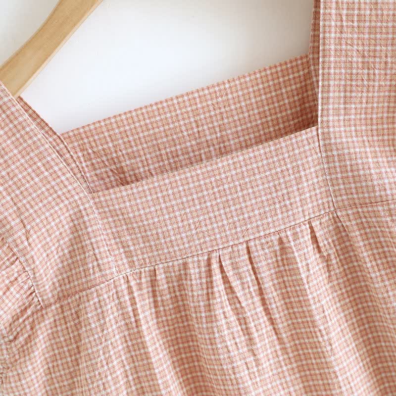 Ownkoti Cotton Gauze Plaid Flutter Sleeve Tank Nightdress - image 7