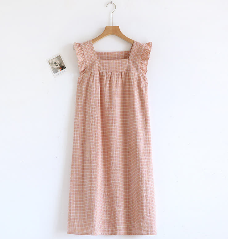 Ownkoti Cotton Gauze Plaid Flutter Sleeve Tank Nightdress - Pink - XL - image 5