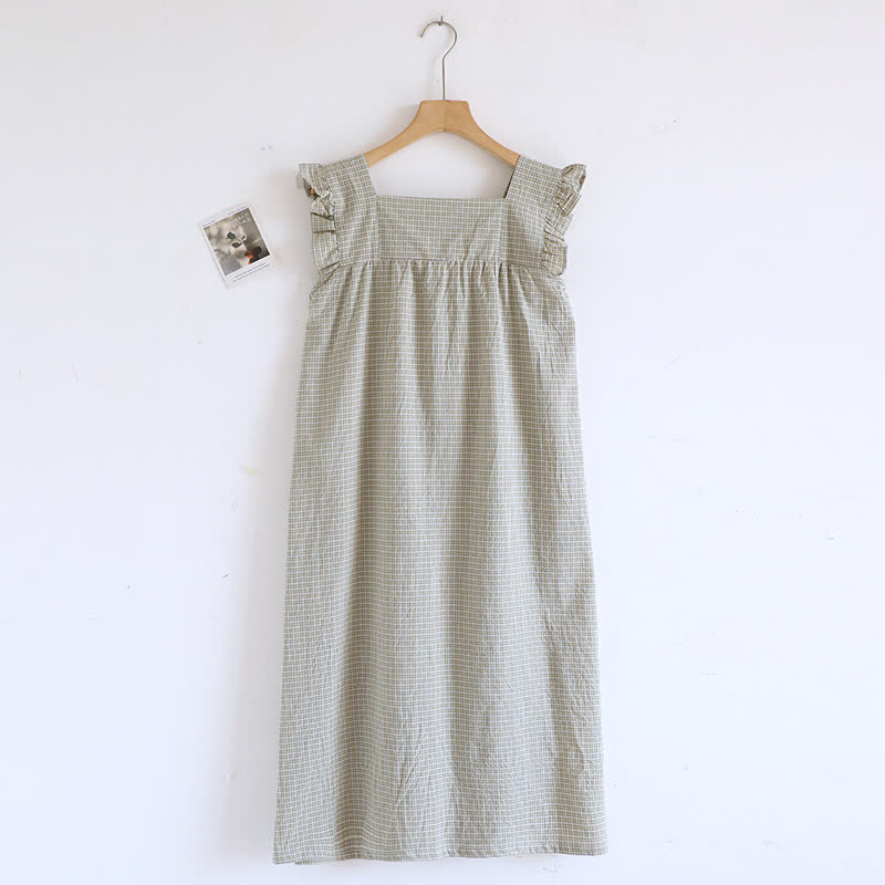 Ownkoti Cotton Gauze Plaid Flutter Sleeve Tank Nightdress - Green - XL - image 3