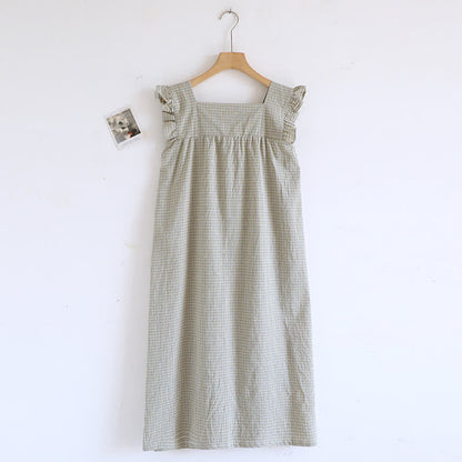 Ownkoti Cotton Gauze Plaid Flutter Sleeve Tank Nightdress - Green - XL - image 3
