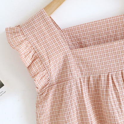 Ownkoti Cotton Gauze Plaid Flutter Sleeve Tank Nightdress - image 6
