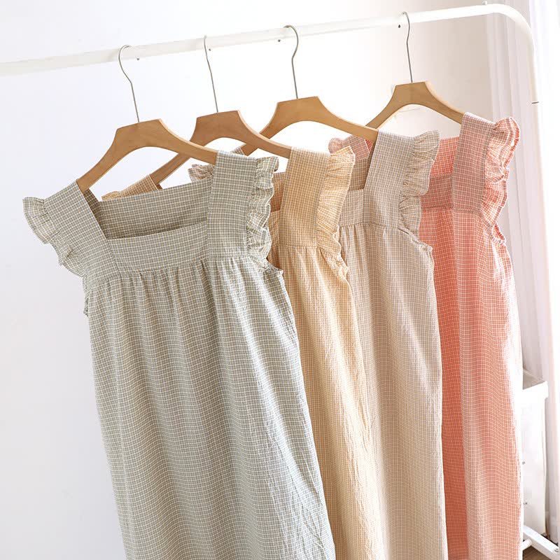 Ownkoti Cotton Gauze Plaid Flutter Sleeve Tank Nightdress - image 1