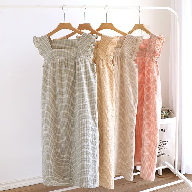 Ownkoti Cotton Gauze Plaid Flutter Sleeve Tank Nightdress - image 0