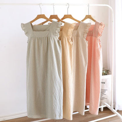 Ownkoti Cotton Gauze Plaid Flutter Sleeve Tank Nightdress - image 0