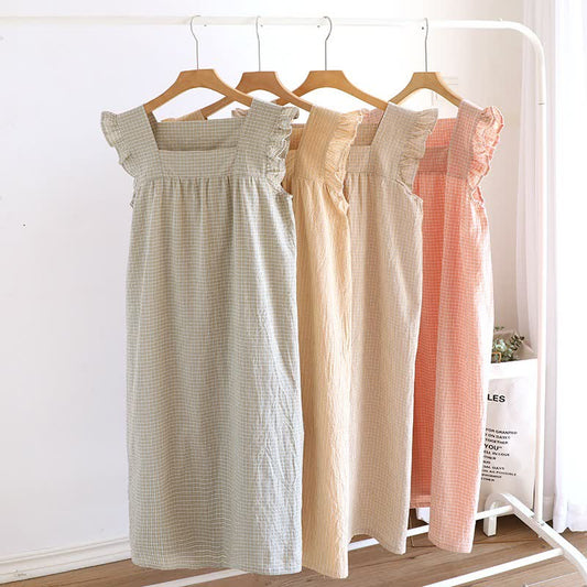 Ownkoti Cotton Gauze Plaid Flutter Sleeve Tank Nightdress - image 0