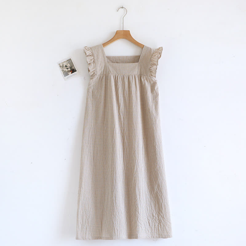 Ownkoti Cotton Gauze Plaid Flutter Sleeve Tank Nightdress - Coffee - XL - image 2