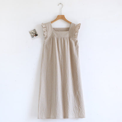 Ownkoti Cotton Gauze Plaid Flutter Sleeve Tank Nightdress - Coffee - XL - image 2