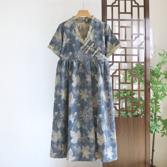 Ownkoti Oriental-Inspired Leaf Cotton Nightgown - Blue - XXL - image 0