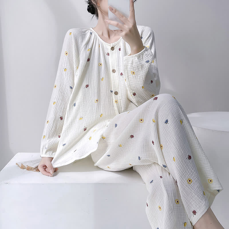 Ownkoti Ditsy Floral Double Gauze Cotton Loungewear Set - White - XXL - image 0