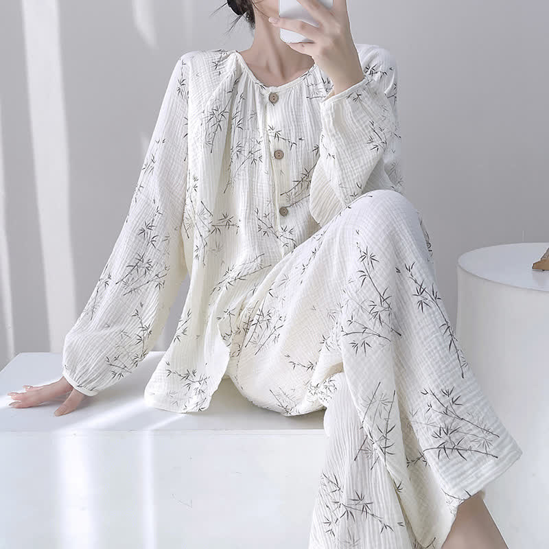 Ownkoti Bamboo Print Double Gauze Cotton Loungewear Set - White - XXL - image 0