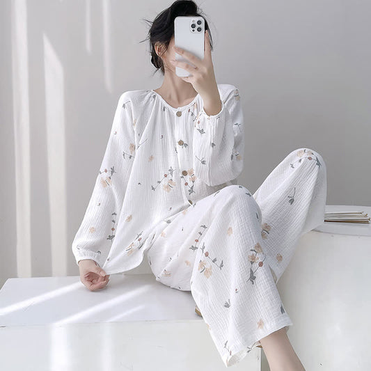 Ownkoti Rustic Floral Double Gauze Cotton Pajamas - White - XXL - image 0