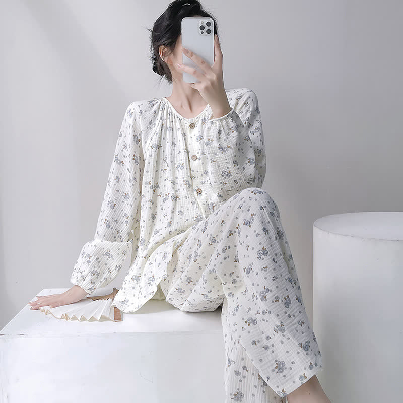 Ownkoti Gray Ditsy Floral Double Gauze Cotton Pajamas - White - XXL - image 0