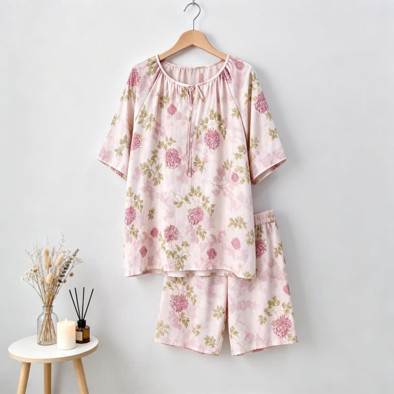 Ownkoti Plus Size Pink Chrysanthemum Pajama Set - Pink - Plus Size - image 0