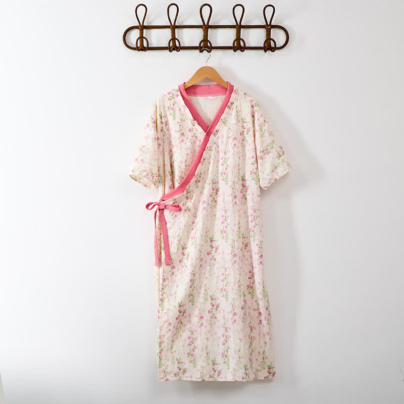 Ownkoti Elegant Floral Print Tie-Back Nightgown with Pocket - image 1