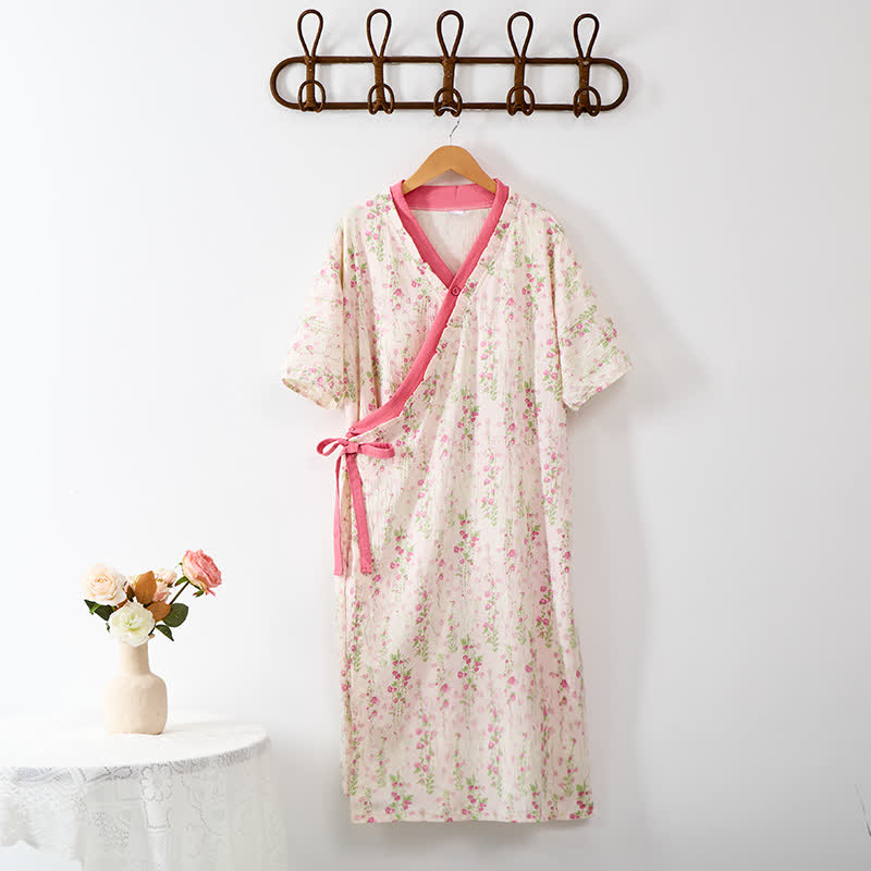 Ownkoti Elegant Floral Print Tie-Back Nightgown with Pocket - XXL - image 1