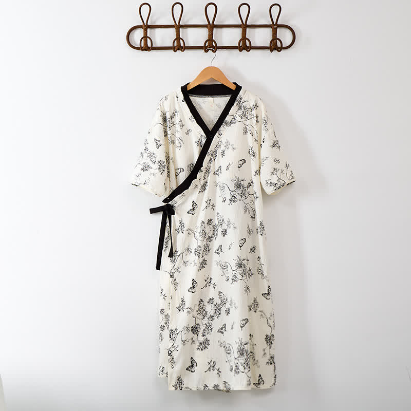 Ownkoti Floral Butterfly Print Padded Tie Nightgown with Pocket - image 1