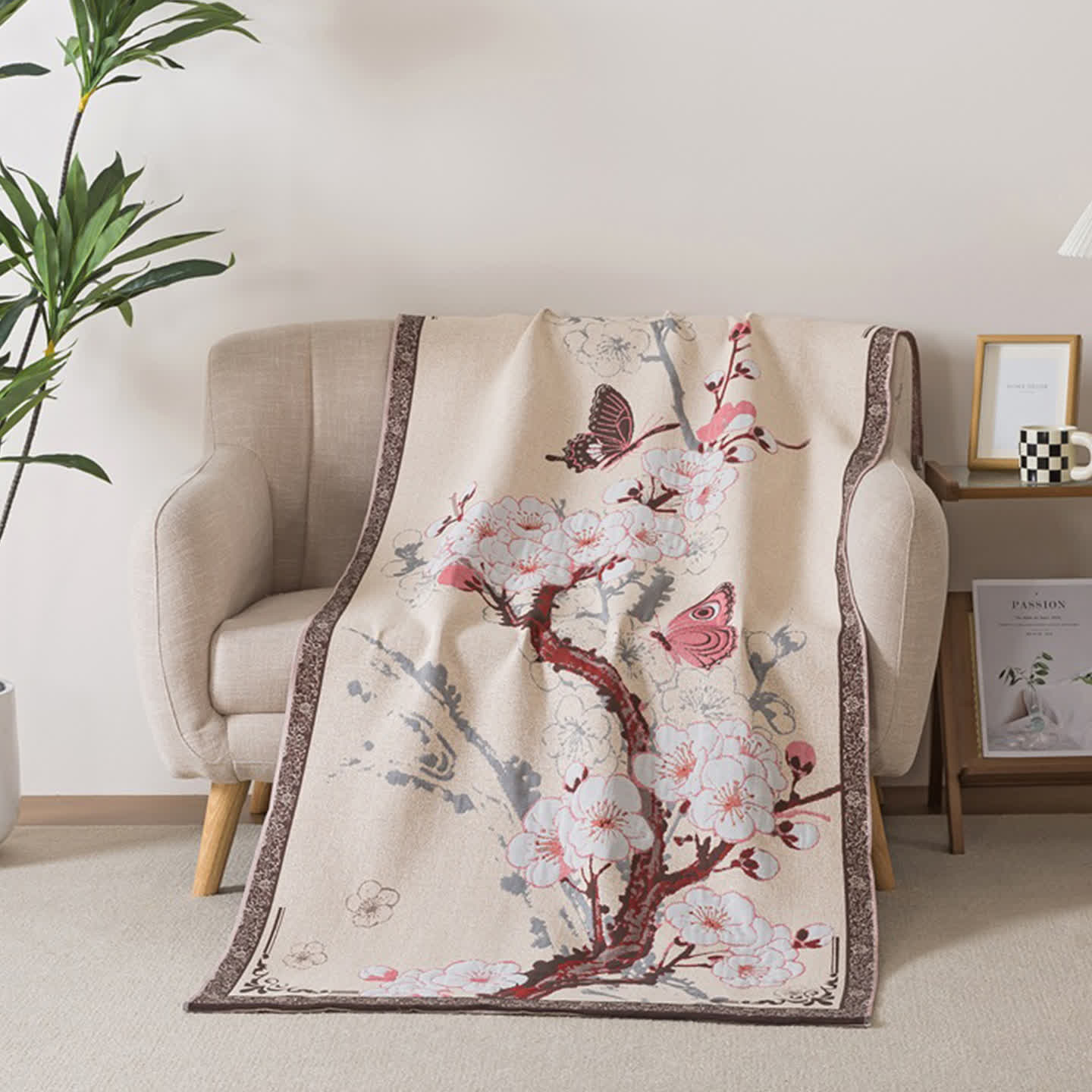 Ownkoti Plum Blossom & Butterfly Cotton Bath Towel - 35"W x 71"L - image 0