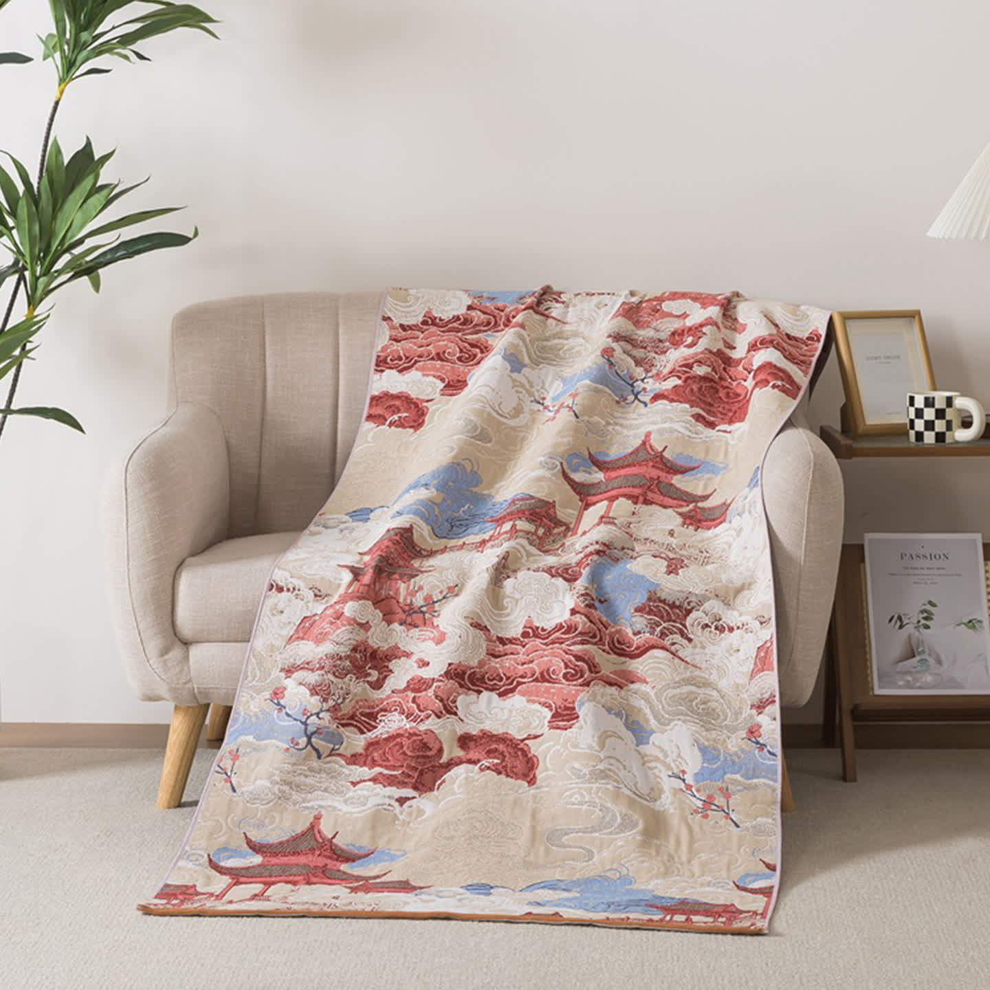 Ownkoti Oriental Cloud & Pavilion Cotton Bath Towel - 35"W x 71"L - image 0