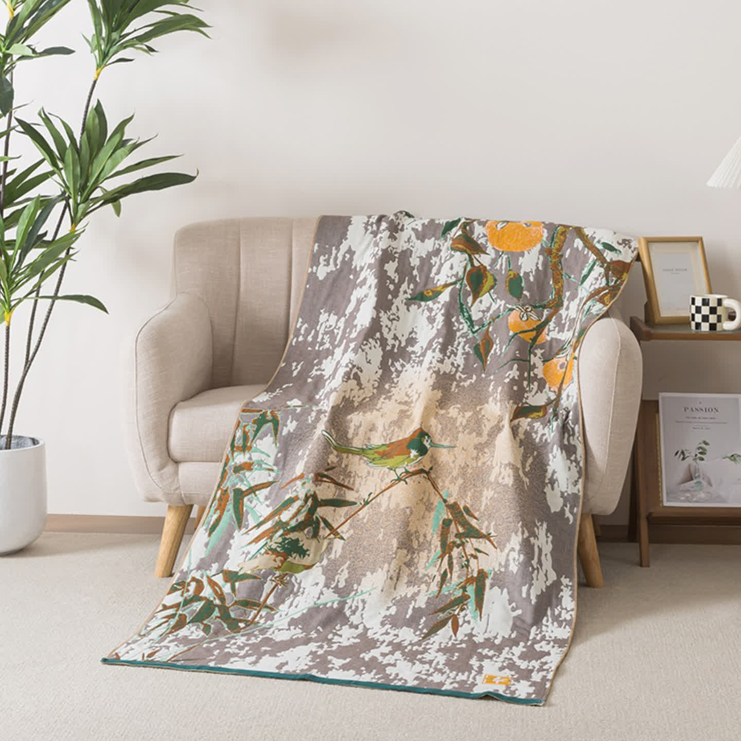 Ownkoti Bamboo Leaf & Bird Cotton Gauze Bath Towel - 35"W x 71"L - image 0