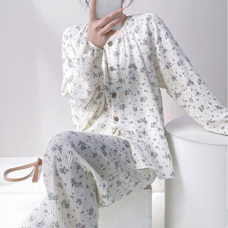 Ownkoti Gray Ditsy Floral Double Gauze Cotton Pajamas - image 2