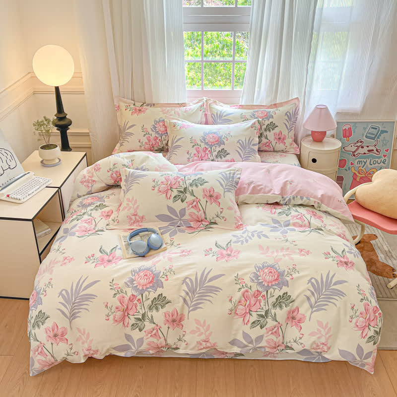Ownkoti Pastoral Floral & Leaf Cotton Bedding Set(4PCS) - Pink - King - image 0