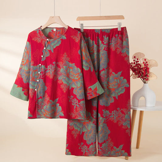 Ownkoti Vintage Oriental Peony Cotton Pajama Set - Red - XL - image 0
