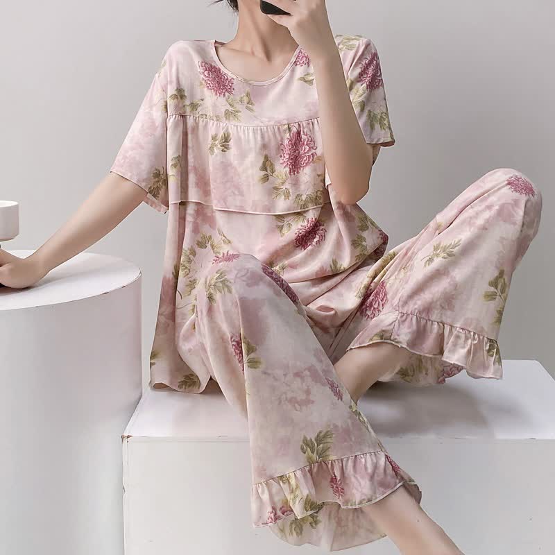 Ownkoti Round Neck Pink Chrysanthemum Pajama Set - image 1