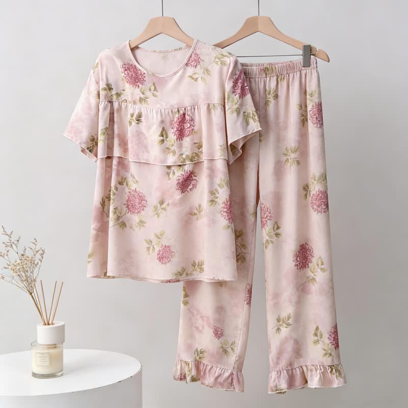 Ownkoti Round Neck Pink Chrysanthemum Pajama Set - Pink - 3XL - image 0