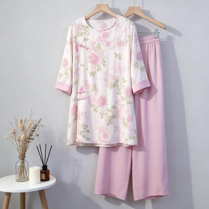 Ownkoti Elegant Chrysanthemum Eastern-Inspired Loungewear Set - Pink - One Size - image 0